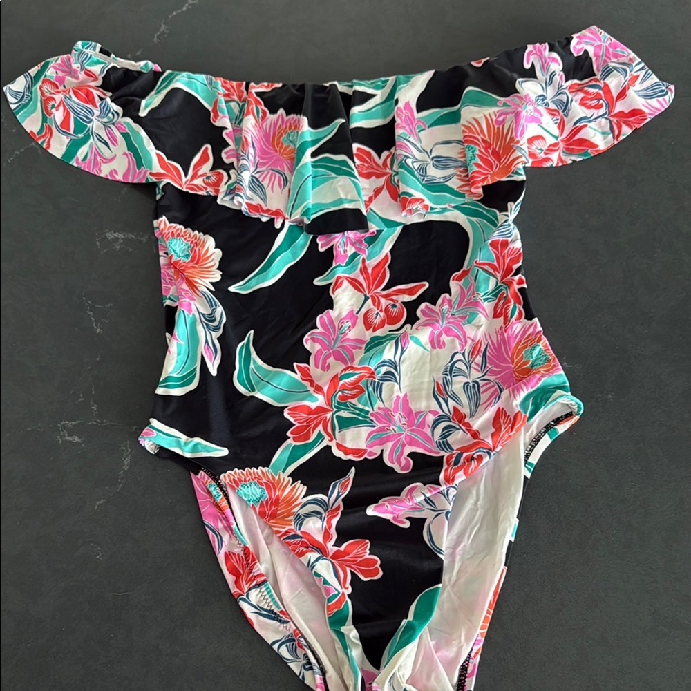 Floral Off-Shoulder Trina TurkOne-Piece Swim Suit - Size 6